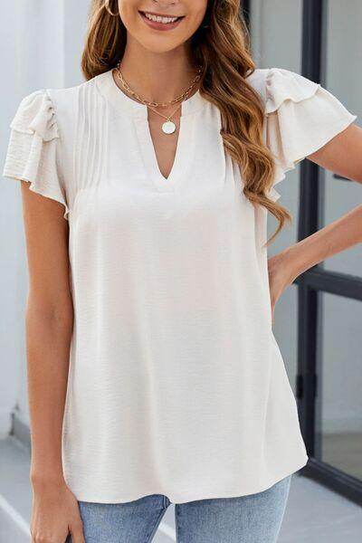 Ruffled Notched Short Sleeve Blouse for Women Fashion-1