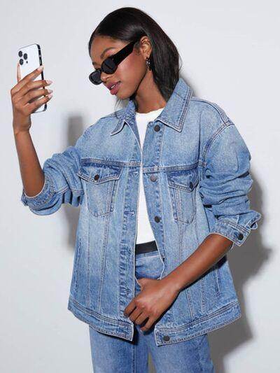 Button Up Collared Neck Denim Jacket for Women Fashion-0