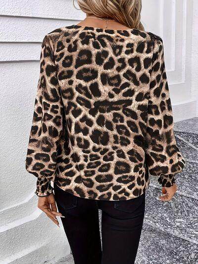 Leopard V-Neck Lantern Sleeve Blouse for Women Fashion-1