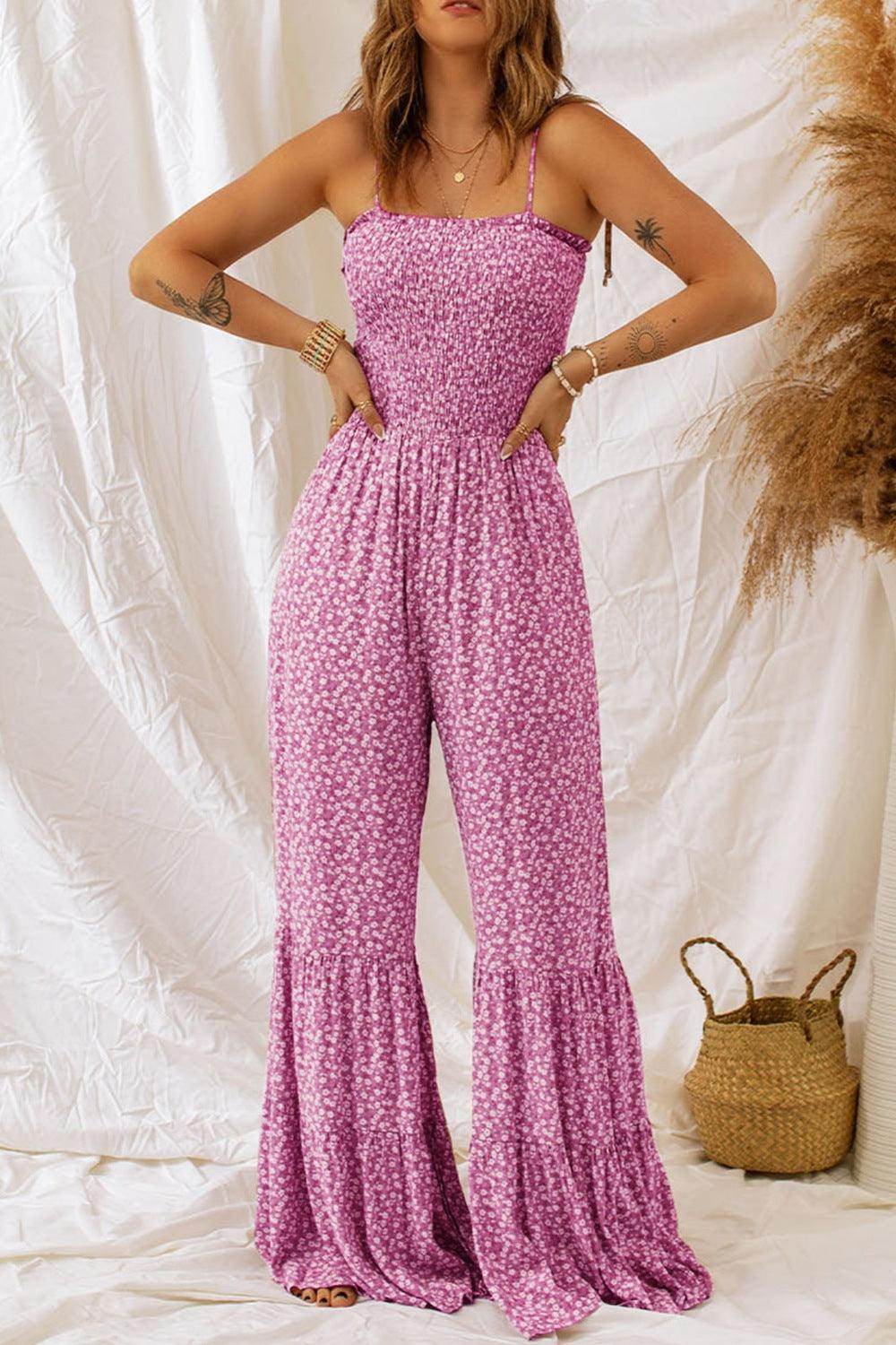 Smocked Printed Wide Strap Jumpsuit for Women Fashion-4