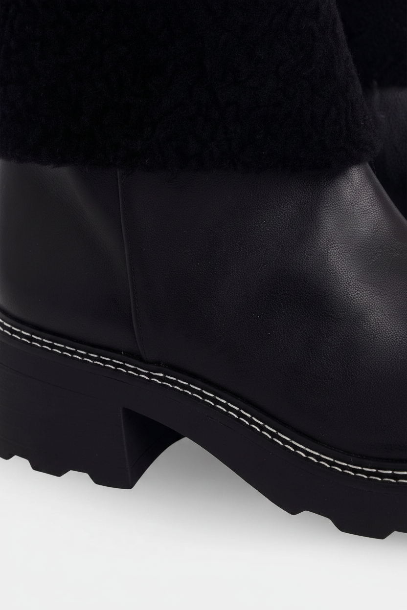 Andira Black Leather Ankle Boots – Shearling Collar, 5cm Block Heel