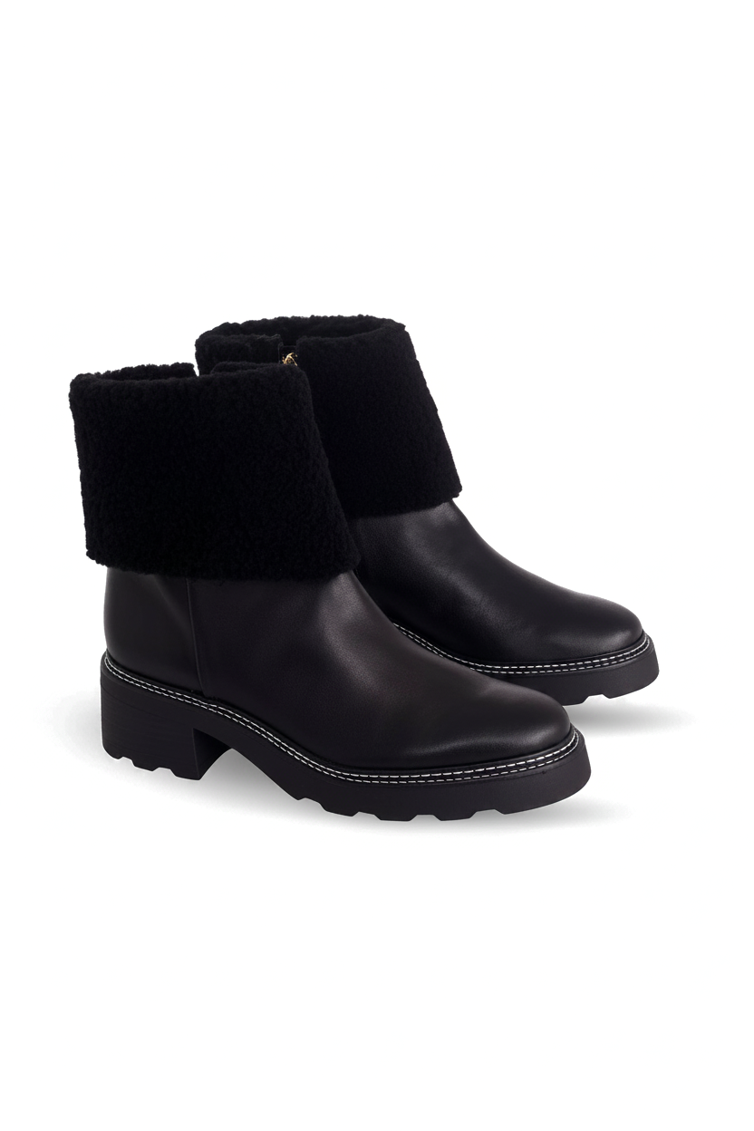 Andira Black Leather Ankle Boots – Shearling Collar, 5cm Block Heel