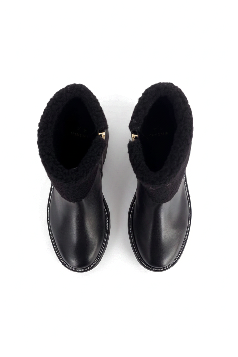 Andira Black Leather Ankle Boots – Shearling Collar, 5cm Block Heel