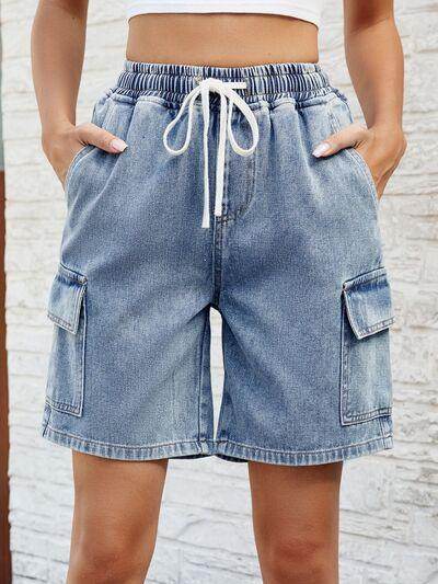 Drawstring Denim Shorts with Pockets for Women Fashion-0