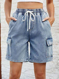 Drawstring Denim Shorts with Pockets for Women Fashion-0