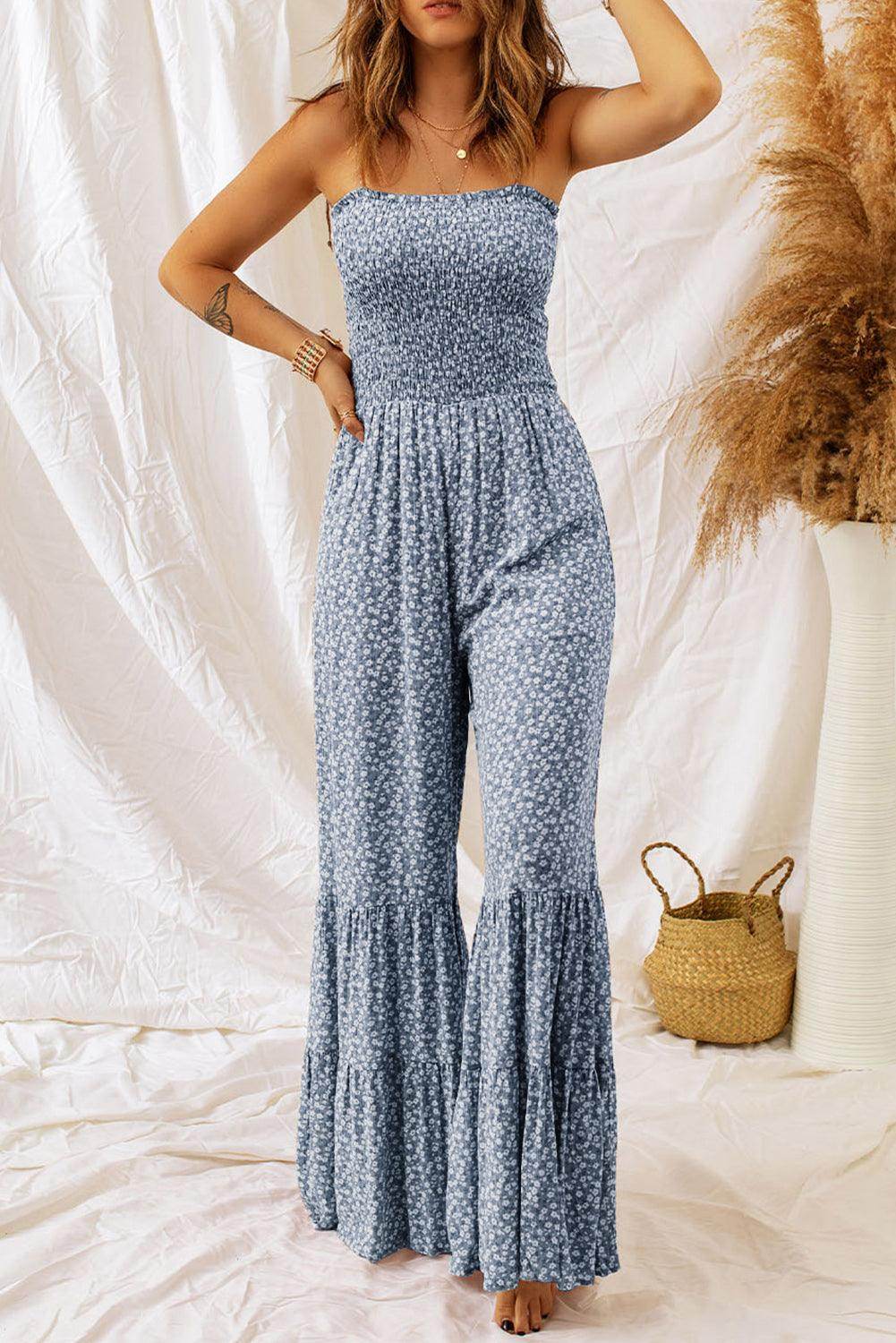 Smocked Printed Wide Strap Jumpsuit for Women Fashion-1