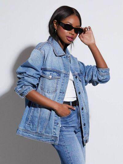 Button Up Collared Neck Denim Jacket for Women Fashion-3