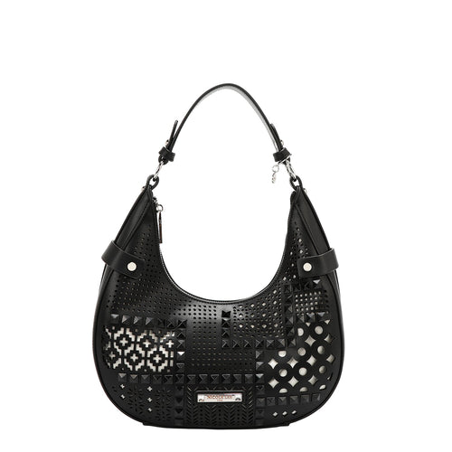 SCHULTERTASCHE MIT GEOMETRISCHEM AUSSCHNITT (SCHWARZ)