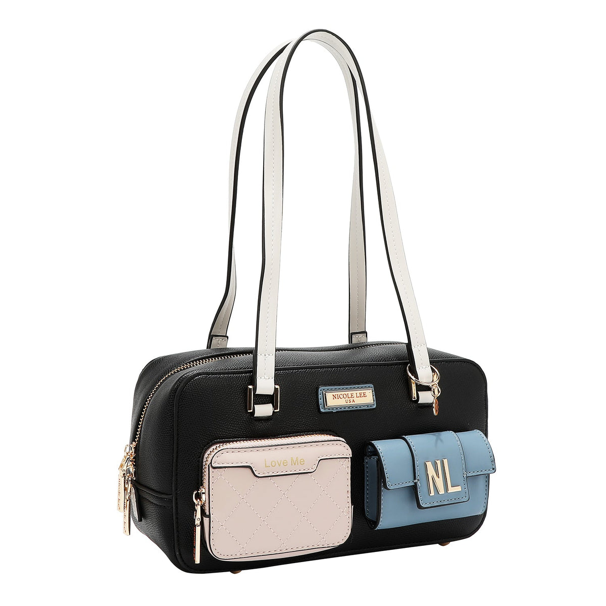 BOLSO DE HOMBRO CON BOLSILLO Y BLOQUES DE COLOR (NEGRO)