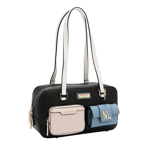SCHULTERTASCHE MIT TASCHE UND FARBBLOCK-DESIGN (SCHWARZ)