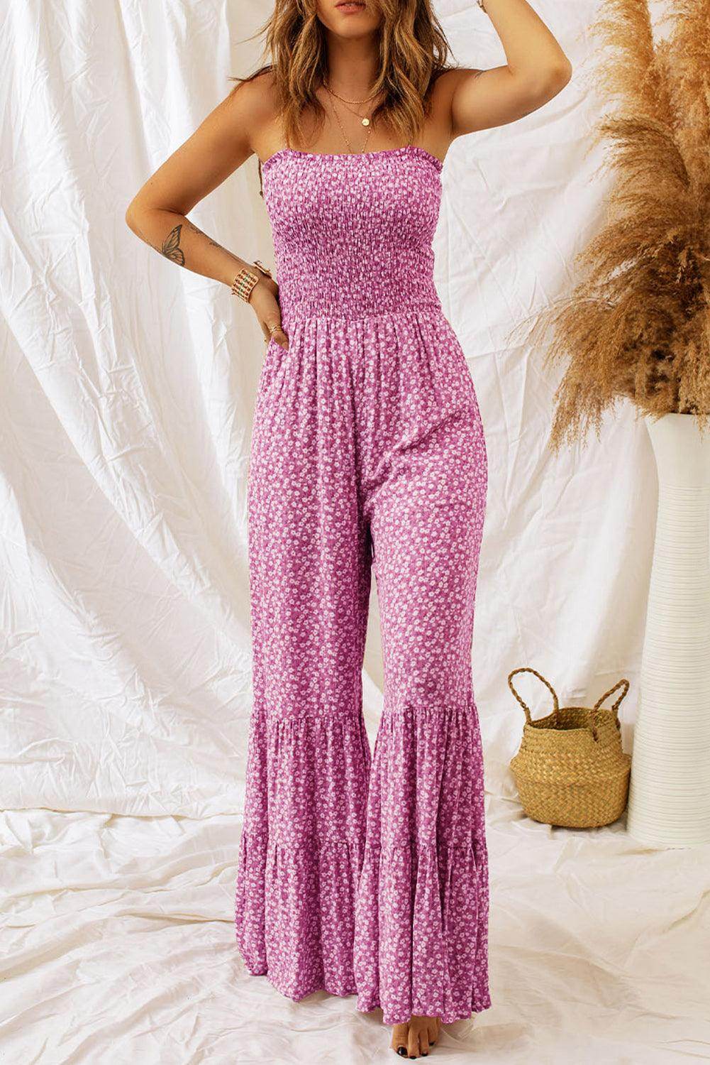 Smocked Printed Wide Strap Jumpsuit for Women Fashion-3