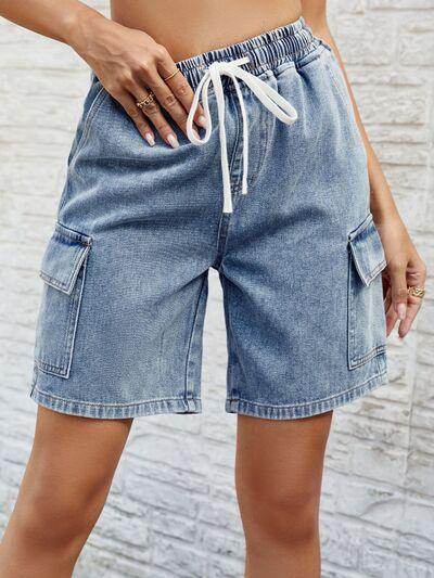 Drawstring Denim Shorts with Pockets for Women Fashion-3