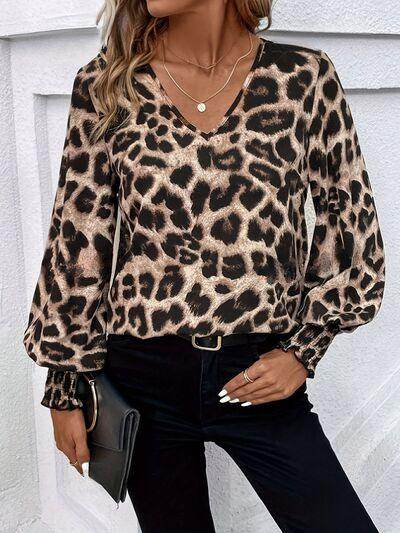 Leopard V-Neck Lantern Sleeve Blouse for Women Fashion-2