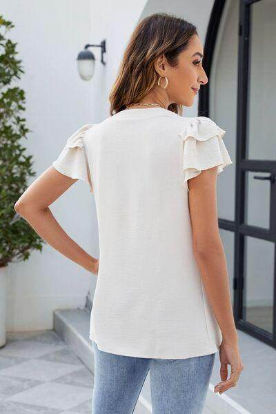 Ruffled Notched Short Sleeve Blouse for Women Fashion-4