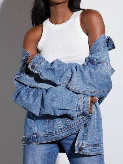 Button Up Collared Neck Denim Jacket for Women Fashion-2
