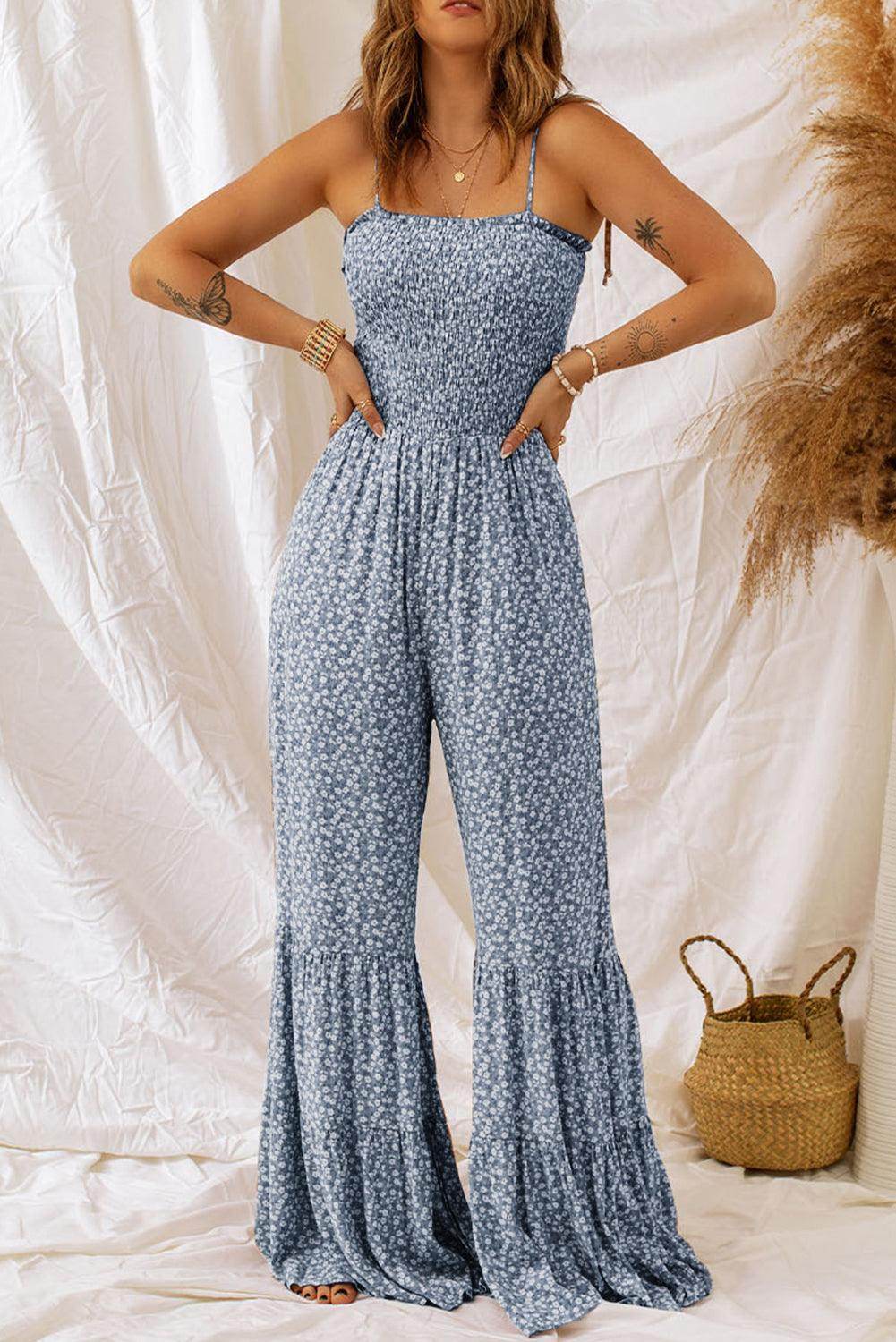 Smocked Printed Wide Strap Jumpsuit for Women Fashion-0