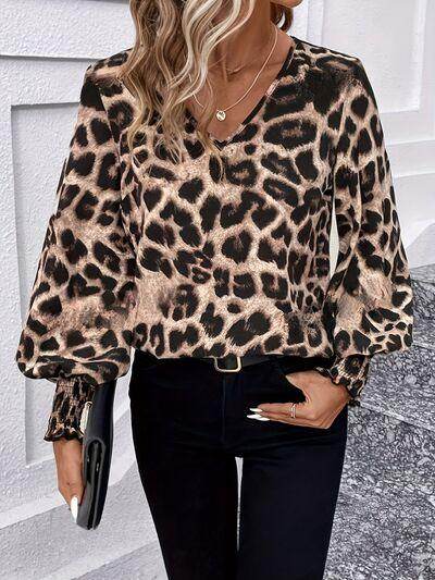 Leopard V-Neck Lantern Sleeve Blouse for Women Fashion-3
