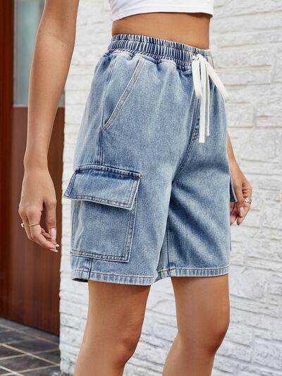 Drawstring Denim Shorts with Pockets for Women Fashion-2