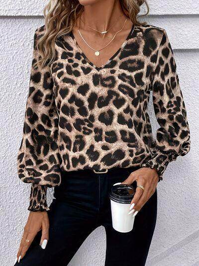 Leopard V-Neck Lantern Sleeve Blouse for Women Fashion-0